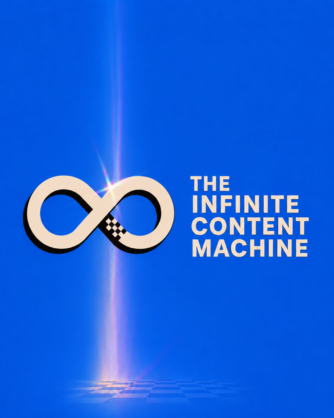 The Infinite Content Machine poster with an infinity symbol and wordmark on a vivid blue background